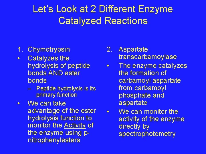 Let’s Look at 2 Different Enzyme Catalyzed Reactions 1. Chymotrypsin • Catalyzes the hydrolysis