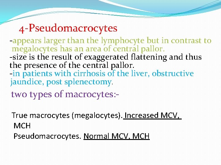 4 -Pseudomacrocytes -appears larger than the lymphocyte but in contrast to megalocytes has an