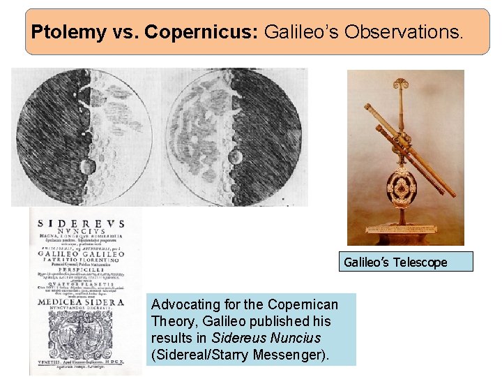 Ptolemy vs. Copernicus: Galileo’s Observations. Galileo’s Telescope Advocating for the Copernican Theory, Galileo published