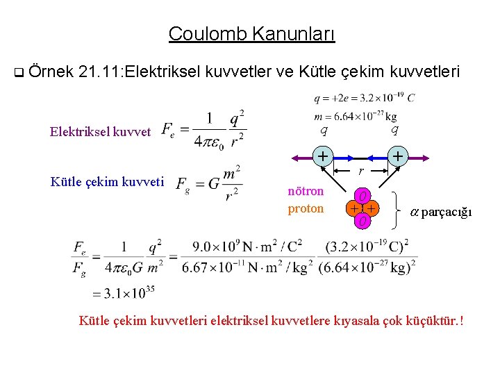 Coulomb Kanunları q Örnek 21. 11: Elektriksel kuvvetler ve Kütle çekim kuvvetleri Elektriksel kuvvet