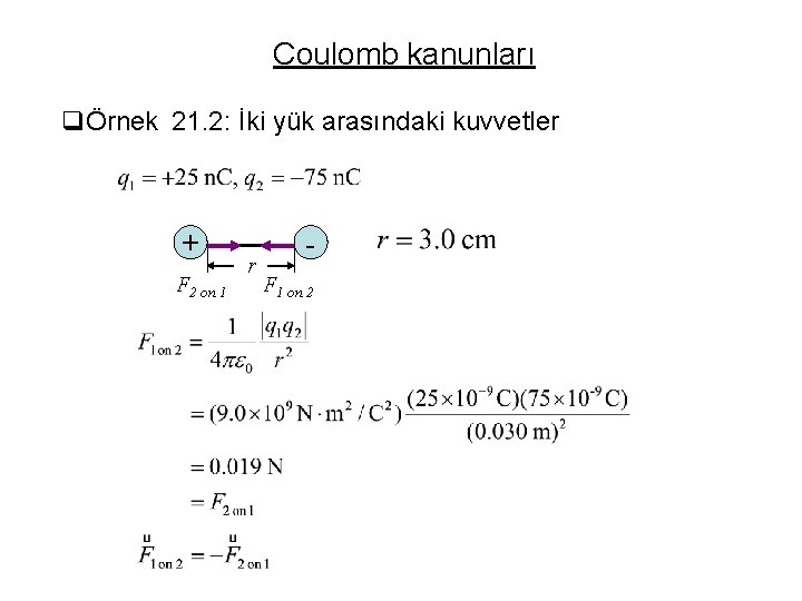 Coulomb kanunları qÖrnek 21. 2: İki yük arasındaki kuvvetler + F 2 on 1