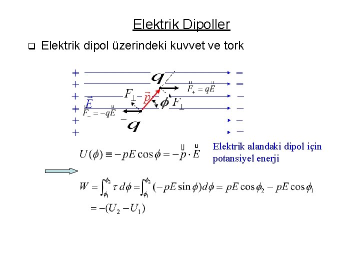 Elektrik Dipoller q Elektrik dipol üzerindeki kuvvet ve tork Elektrik alandaki dipol için potansiyel