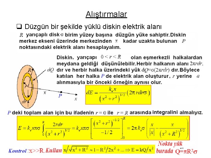 Alıştırmalar q Düzgün bir şekilde yüklü diskin elektrik alanı 