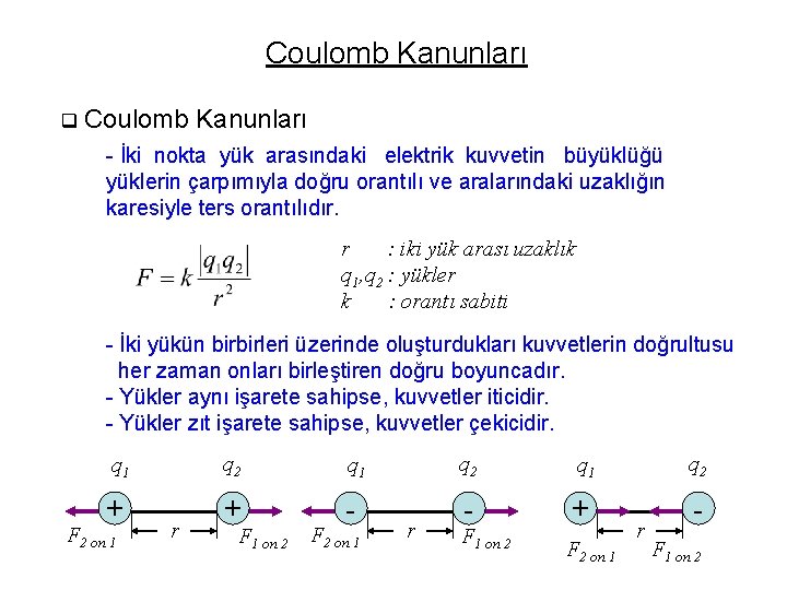 Coulomb Kanunları q Coulomb Kanunları - İki nokta yük arasındaki elektrik kuvvetin büyüklüğü yüklerin
