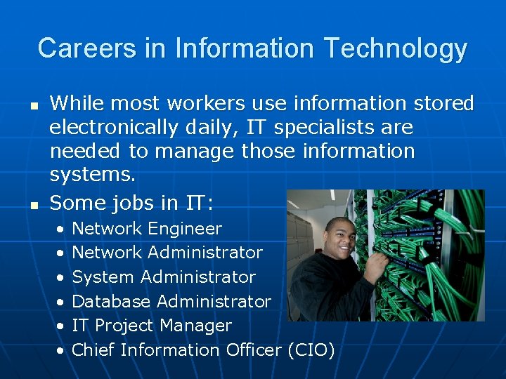 Careers in Information Technology n n While most workers use information stored electronically daily,