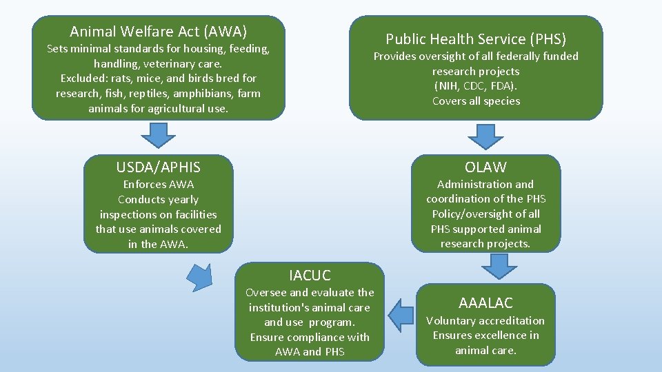 Animal Welfare Act (AWA) Public Health Service (PHS) Sets minimal standards for housing, feeding,