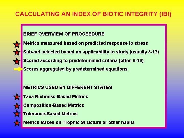 CALCULATING AN INDEX OF BIOTIC INTEGRITY (IBI) BRIEF OVERVIEW OF PROCEEDURE Metrics measured based CALCULATING AN INDEX OF BIOTIC INTEGRITY (IBI) BRIEF OVERVIEW OF PROCEEDURE Metrics measured based
