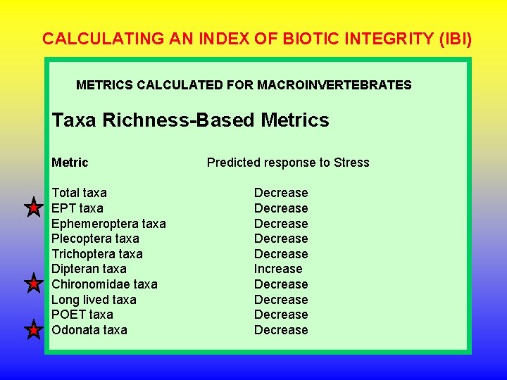 CALCULATING AN INDEX OF BIOTIC INTEGRITY (IBI) METRICS CALCULATED FOR MACROINVERTEBRATES Taxa Richness-Based Metrics CALCULATING AN INDEX OF BIOTIC INTEGRITY (IBI) METRICS CALCULATED FOR MACROINVERTEBRATES Taxa Richness-Based Metrics