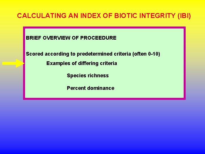 CALCULATING AN INDEX OF BIOTIC INTEGRITY (IBI) BRIEF OVERVIEW OF PROCEEDURE Scored according to CALCULATING AN INDEX OF BIOTIC INTEGRITY (IBI) BRIEF OVERVIEW OF PROCEEDURE Scored according to