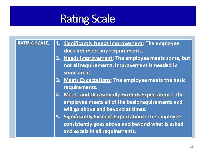 Rating Scale RATING SCALE: 1. Significantly Needs Improvement: The employee does not meet any