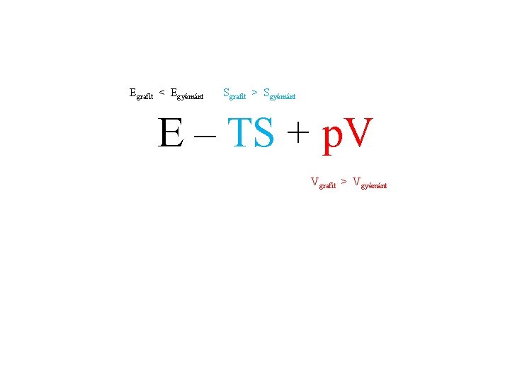 Egrafit < Egyémánt Sgrafit > Sgyémánt E – TS + p. V Vgrafit >