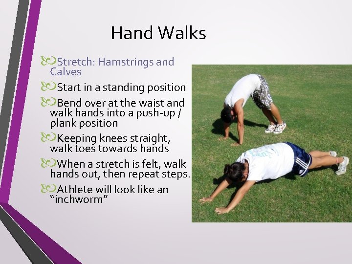 Hand Walks Stretch: Hamstrings and Calves Start in a standing position Bend over at