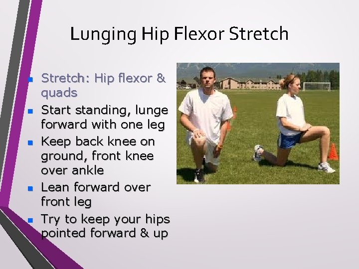Lunging Hip Flexor Stretch n n n Stretch: Hip flexor & quads Start standing,