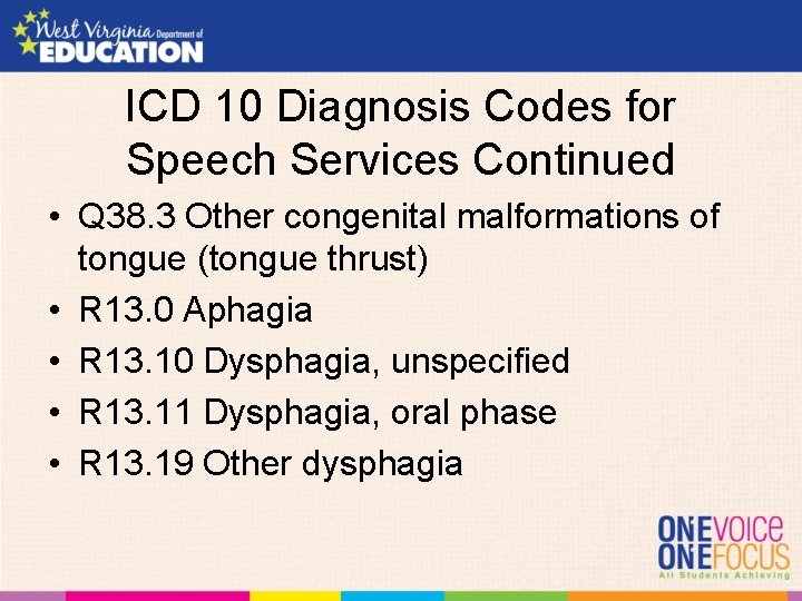 ICD 10 Diagnosis Codes for Speech Services Continued • Q 38. 3 Other congenital