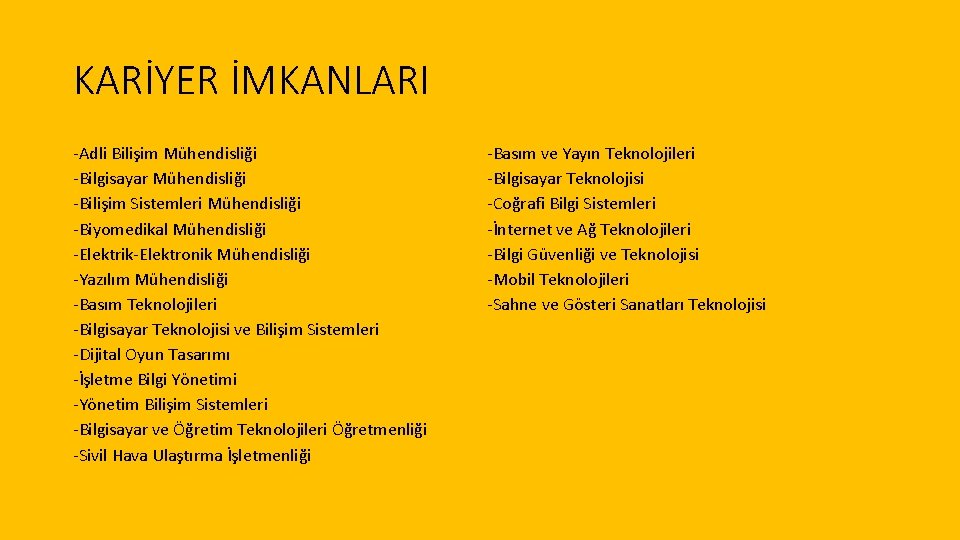 KARİYER İMKANLARI -Adli Bilişim Mühendisliği -Bilgisayar Mühendisliği -Bilişim Sistemleri Mühendisliği -Biyomedikal Mühendisliği -Elektrik-Elektronik Mühendisliği