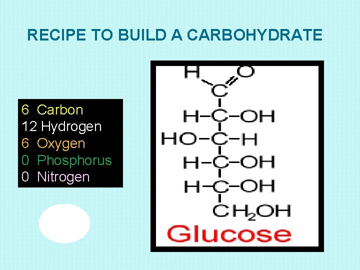RECIPE TO BUILD A CARBOHYDRATE 6 Carbon 12 Hydrogen 6 Oxygen 0 Phosphorus 0