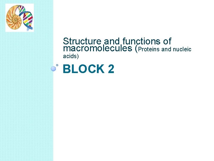 Structure and functions of macromolecules (Proteins and nucleic acids) BLOCK 2 