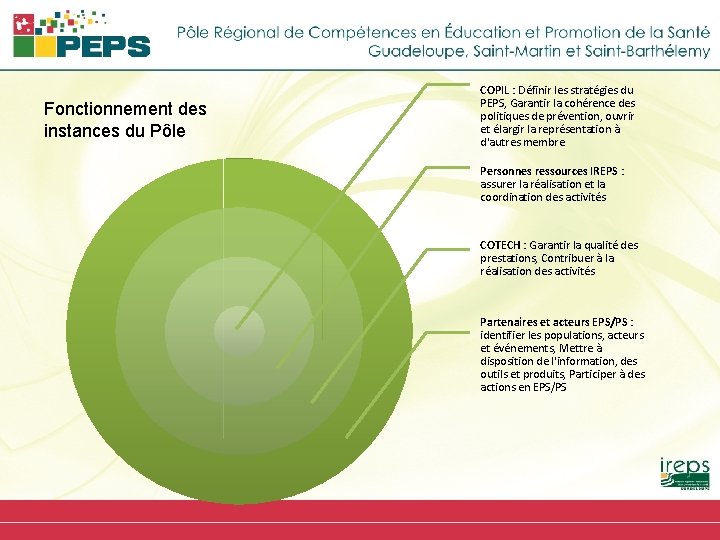 Fonctionnement des instances du Pôle COPIL : Définir les stratégies du PEPS, Garantir la