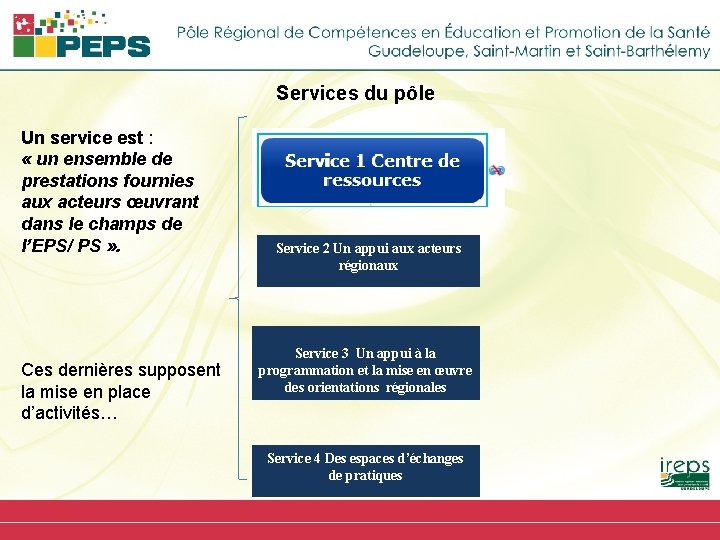 Services du pôle Un service est : « un ensemble de prestations fournies aux