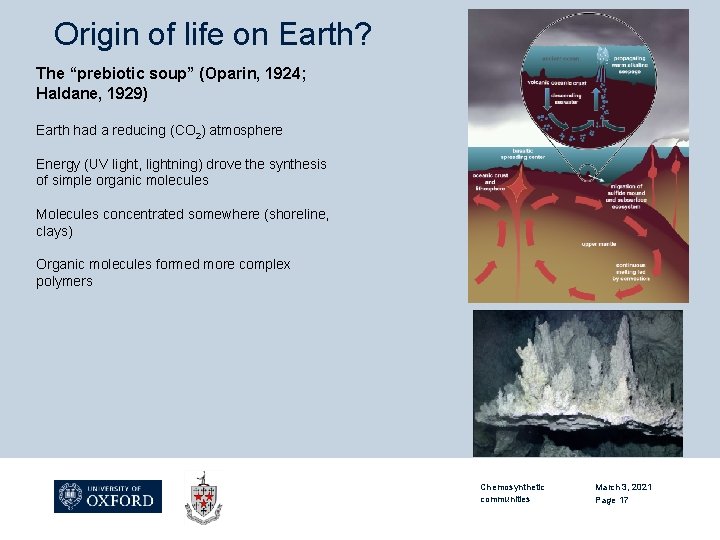 Origin of life on Earth? The “prebiotic soup” (Oparin, 1924; Haldane, 1929) Earth had
