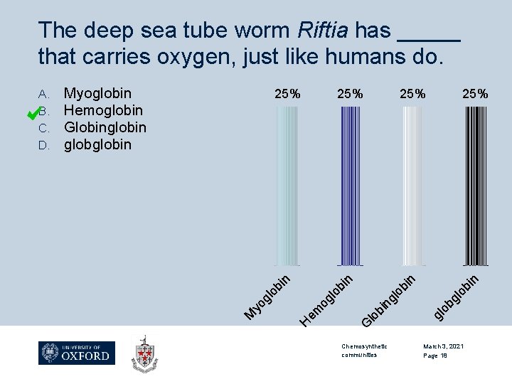 The deep sea tube worm Riftia has _____ that carries oxygen, just like humans