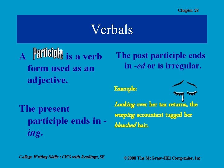 Chapter 28 Verbals A is a verb form used as an adjective. The past