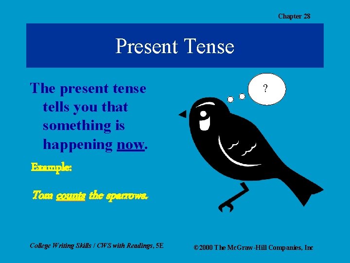 Chapter 28 Present Tense The present tense tells you that something is happening now.