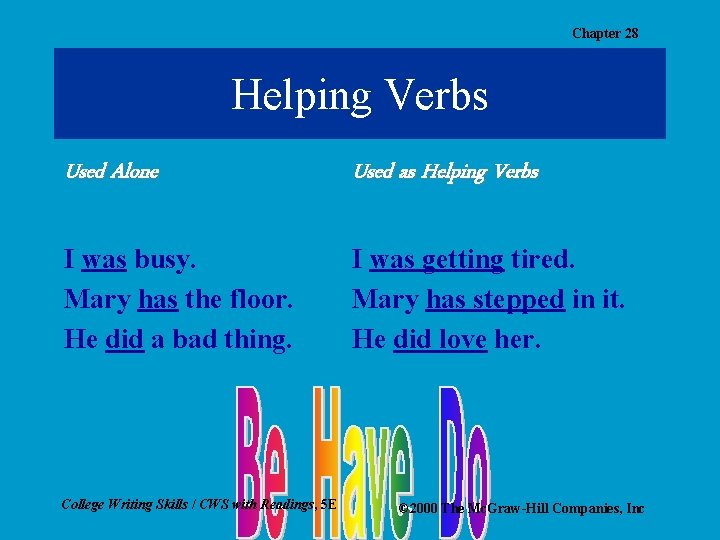 Chapter 28 Helping Verbs Used Alone Used as Helping Verbs I was busy. Mary