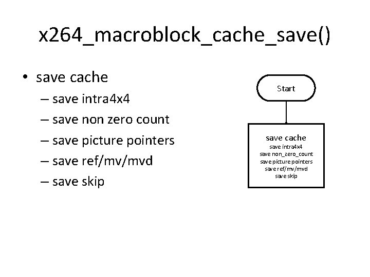 x 264_macroblock_cache_save() • save cache – save intra 4 x 4 – save non