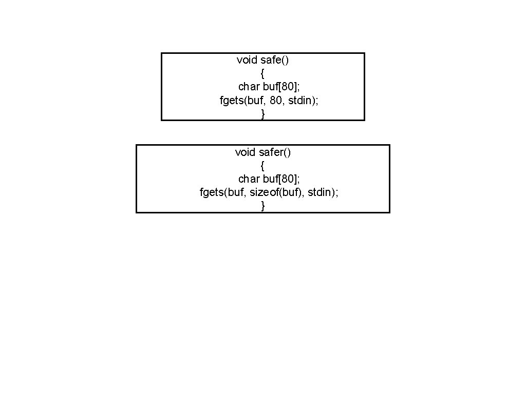 void safe() { char buf[80]; fgets(buf, 80, stdin); } void safer() { char buf[80];