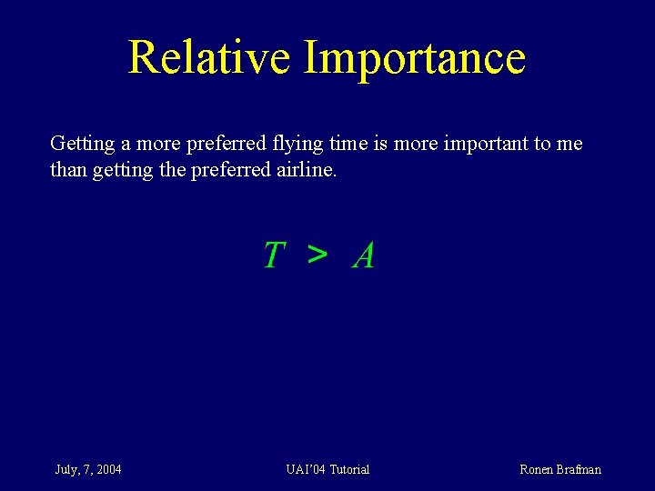 Relative Importance Getting a more preferred flying time is more important to me than