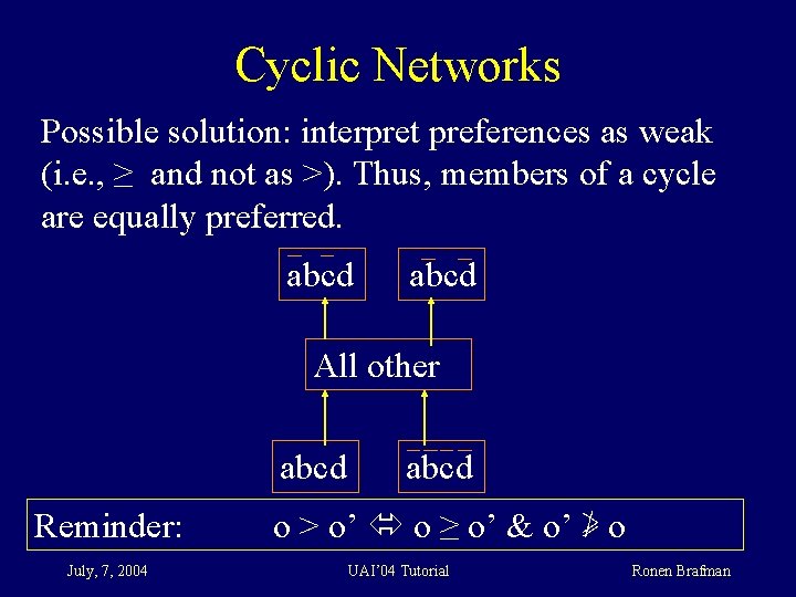 Cyclic Networks Possible solution: interpret preferences as weak (i. e. , ≥ and not