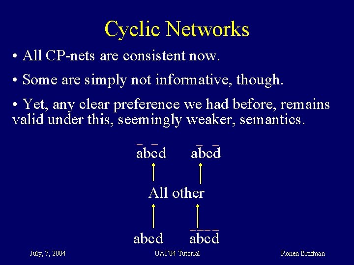 Cyclic Networks • All CP-nets are consistent now. • Some are simply not informative,