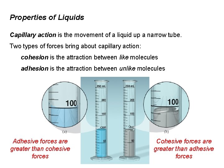 Properties of Liquids Capillary action is the movement of a liquid up a narrow