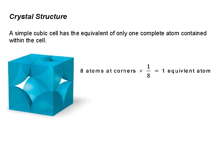 Crystal Structure A simple cubic cell has the equivalent of only one complete atom