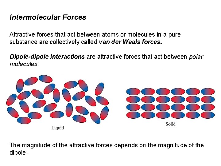 Intermolecular Forces Attractive forces that act between atoms or molecules in a pure substance