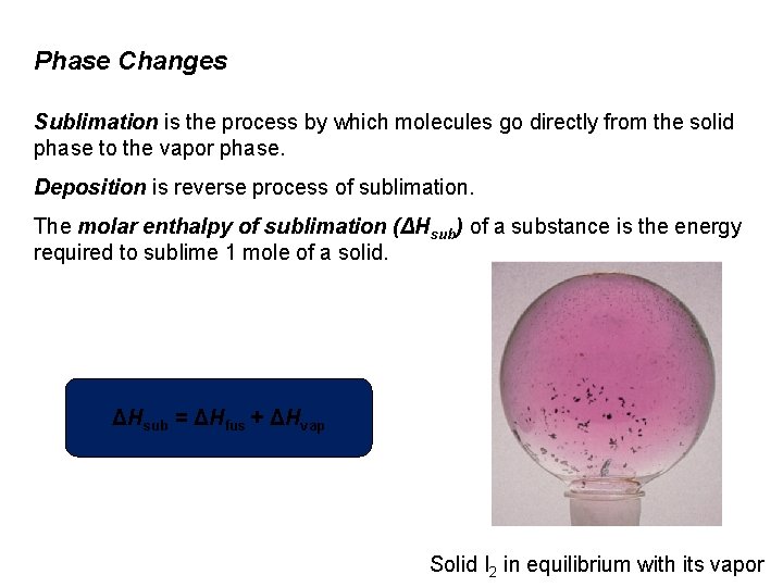 Phase Changes Sublimation is the process by which molecules go directly from the solid