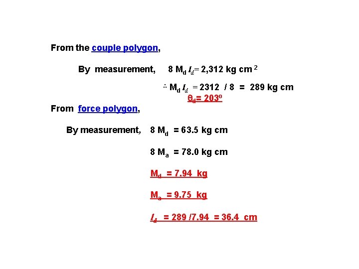 From the couple polygon, By measurement, 8 Md ld= 2, 312 kg cm 2 From the couple polygon, By measurement, 8 Md ld= 2, 312 kg cm 2
