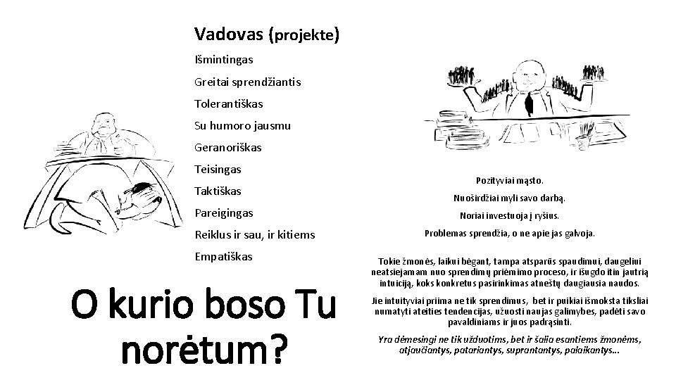 Vadovas (projekte) Išmintingas Greitai sprendžiantis Tolerantiškas Su humoro jausmu Geranoriškas Teisingas Taktiškas Pareigingas Reiklus