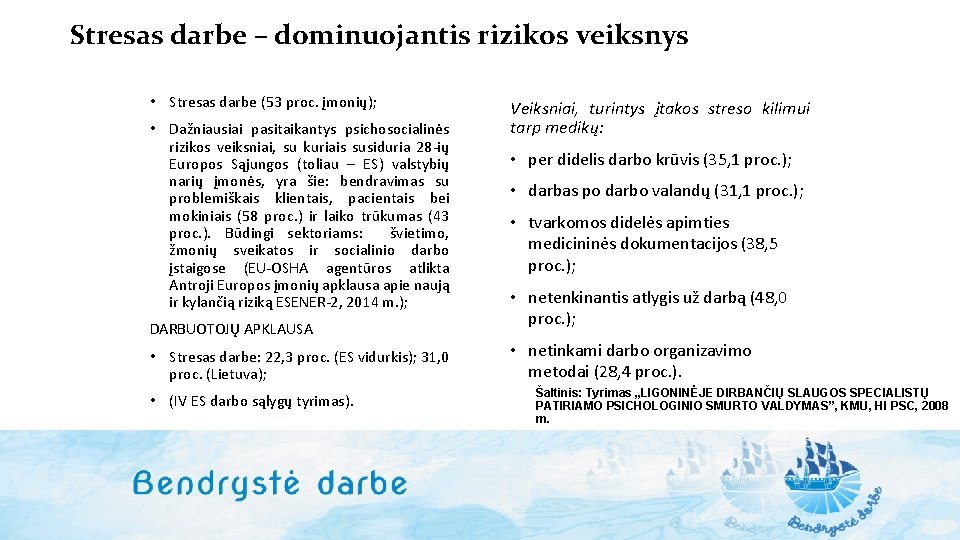 Stresas darbe – dominuojantis rizikos veiksnys • Stresas darbe (53 proc. įmonių); • Dažniausiai