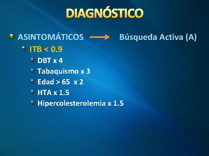 DIAGNÓSTICO ASINTOMÁTICOS ITB < 0. 9 Búsqueda Activa (A) DBT x 4 Tabaquismo x