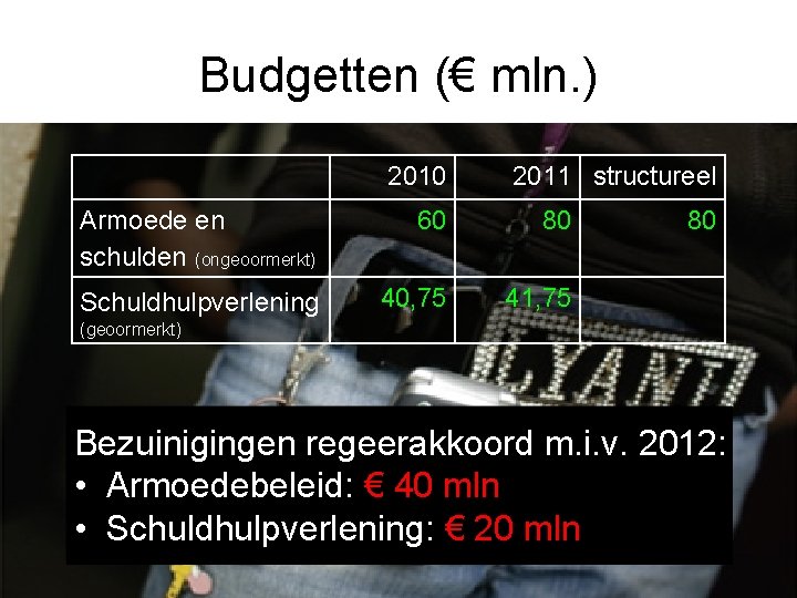 Budgetten (€ mln. ) 2010 Armoede en schulden (ongeoormerkt) Schuldhulpverlening 2011 structureel 60 80