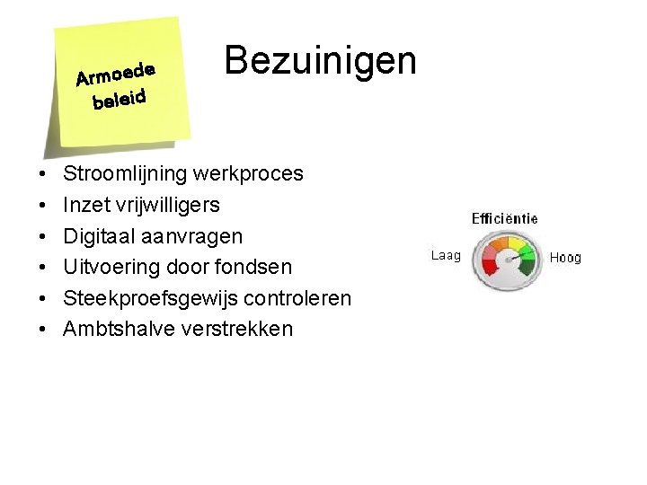 e d e o m r A beleid • • • Bezuinigen Stroomlijning werkproces