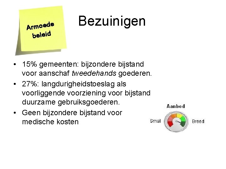 e d e o m r A beleid Bezuinigen • 15% gemeenten: bijzondere bijstand