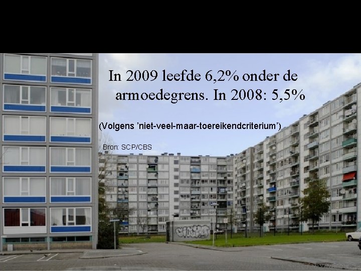 In 2009 leefde 6, 2% onder de armoedegrens. In 2008: 5, 5% (Volgens ’niet-veel-maar-toereikendcriterium’)
