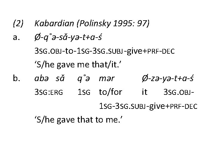 (2) a. b. Kabardian (Polinsky 1995: 97) Ø-q˚ǝ-sǎ-yǝ-t+a-ś 3 SG. OBJ -to-1 SG-3 SG.