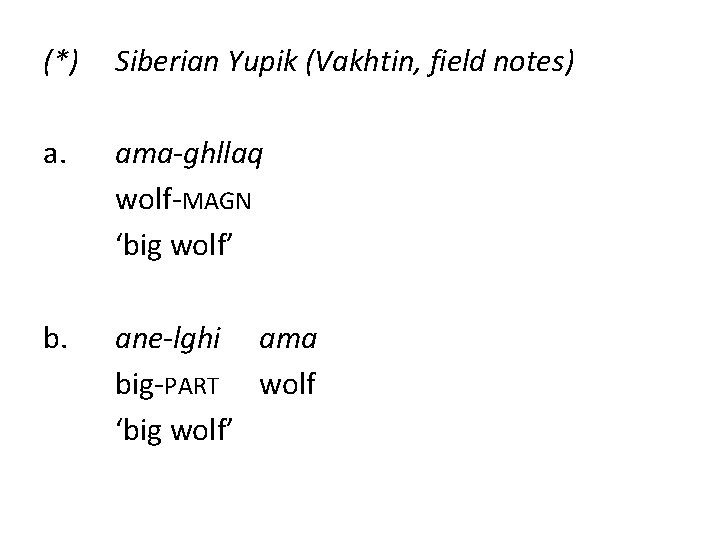 (*) Siberian Yupik (Vakhtin, field notes) a. ama-ghllaq wolf-MAGN ‘big wolf’ b. ane-lghi ama