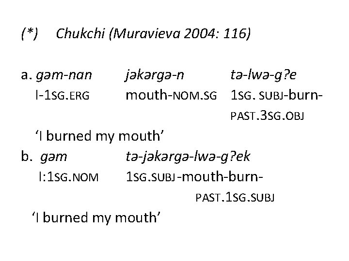 (*) Chukchi (Muravieva 2004: 116) a. gǝm-nan I-1 SG. ERG jǝkǝrgǝ-n tǝ-lwǝ-g? e mouth-NOM.