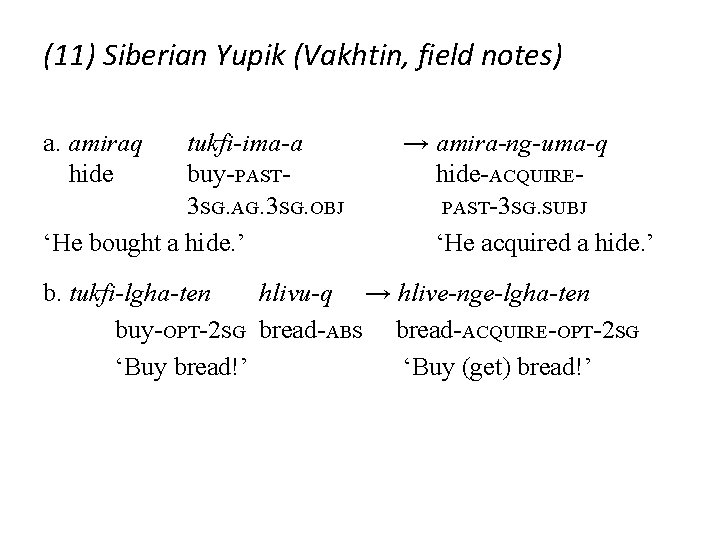 (11) Siberian Yupik (Vakhtin, field notes) a. amiraq hide tukfi-ima-a buy-PAST 3 SG. AG.