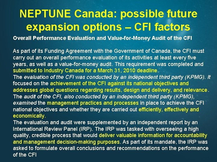 NEPTUNE Canada: possible future expansion options – CFI factors Overall Performance Evaluation and Value-for-Money